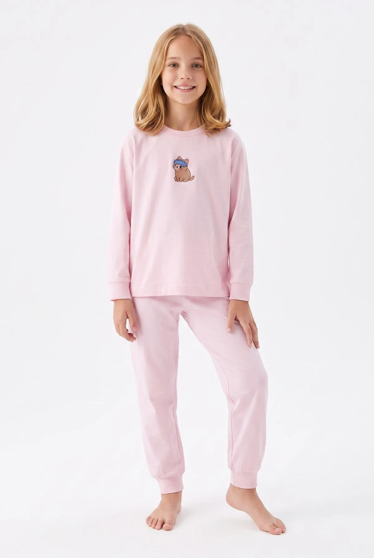 Kız Çocuk Uykucu Kedi Pamuklu Pijama Takımı - Mint Yeşili — renk seçeneği