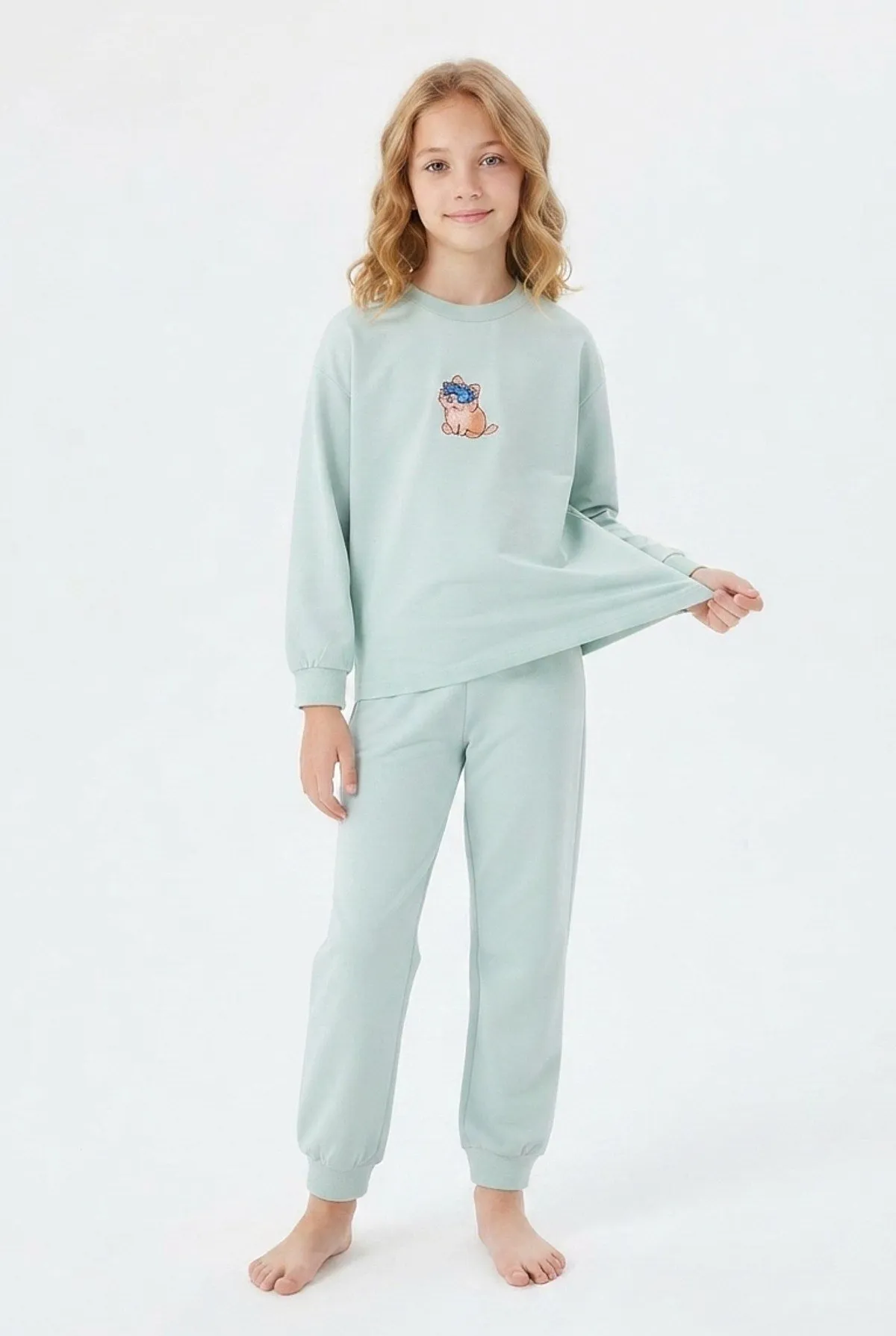 Kız Çocuk Uykucu Kedi Pamuklu Pijama Takımı - Mint Yeşili — görsel 1