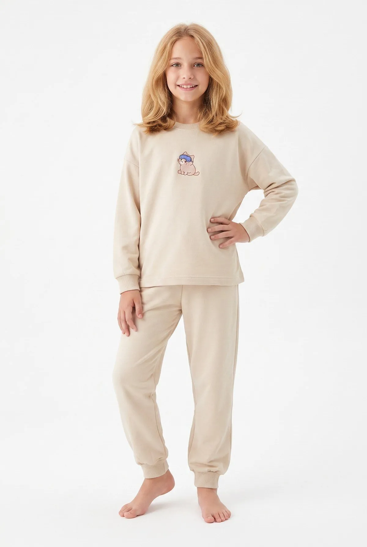 Kız Çocuk Uykucu Kedi Pamuklu Pijama Takımı - Mint Yeşili — renk seçeneği