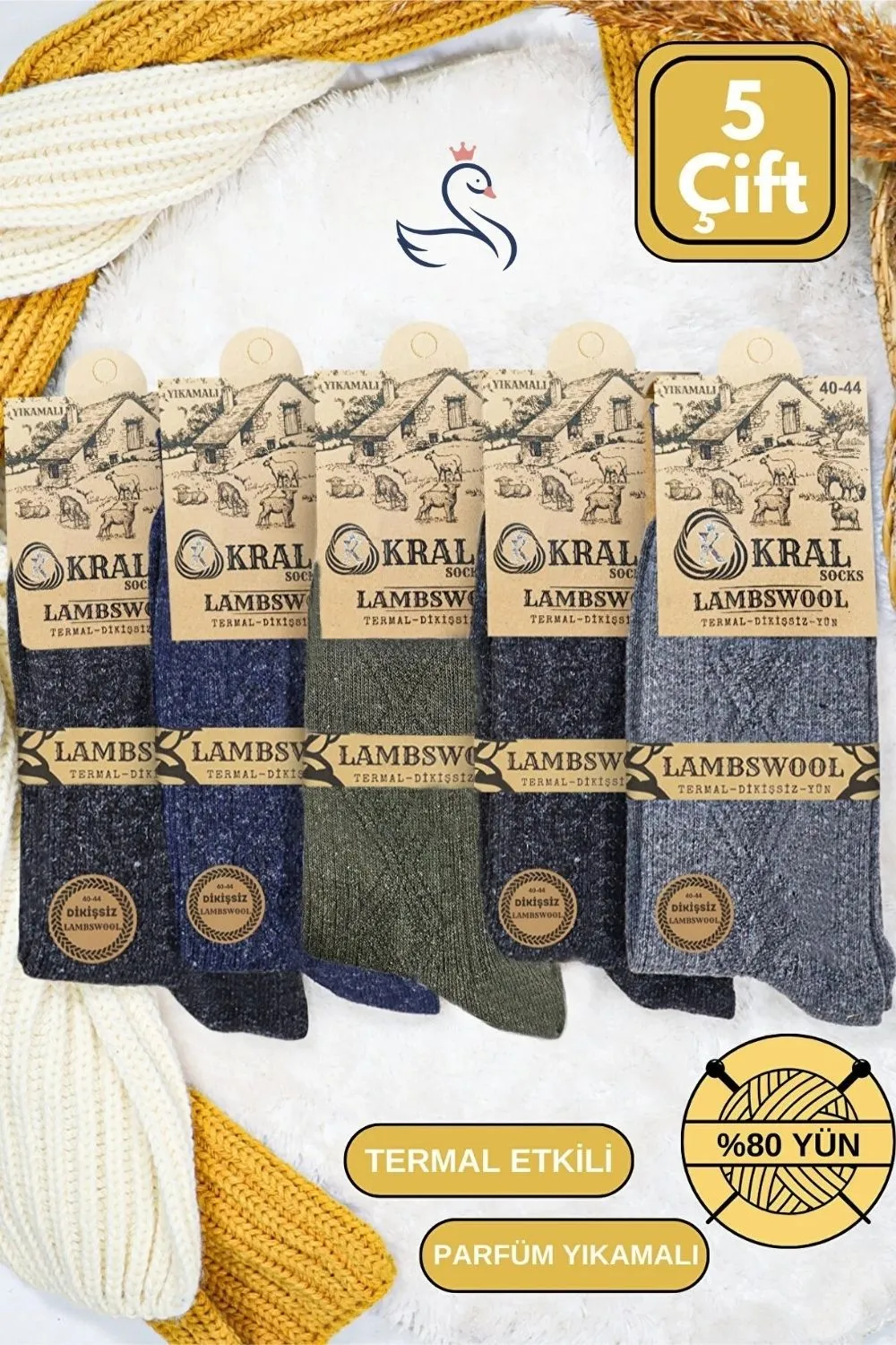 Erkek Kışlık Termal Lambswool Yün Çorap 5 Çift Siyah — renk seçeneği